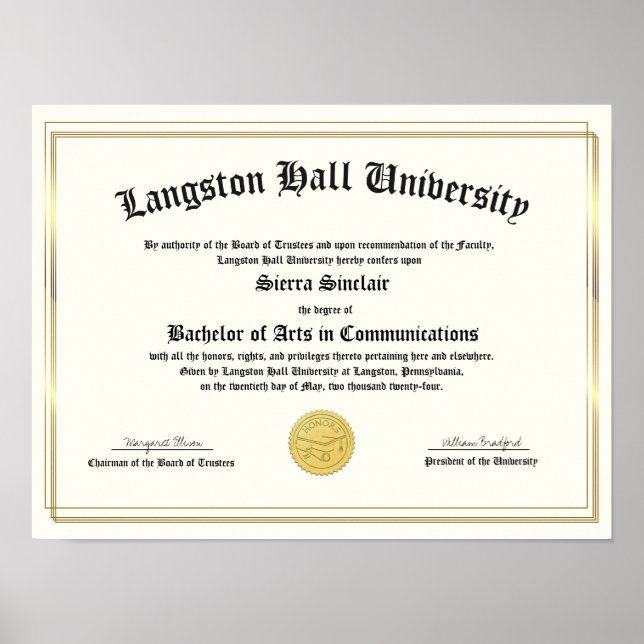 Poster Honors College or University Diploma Replica (Devant)
