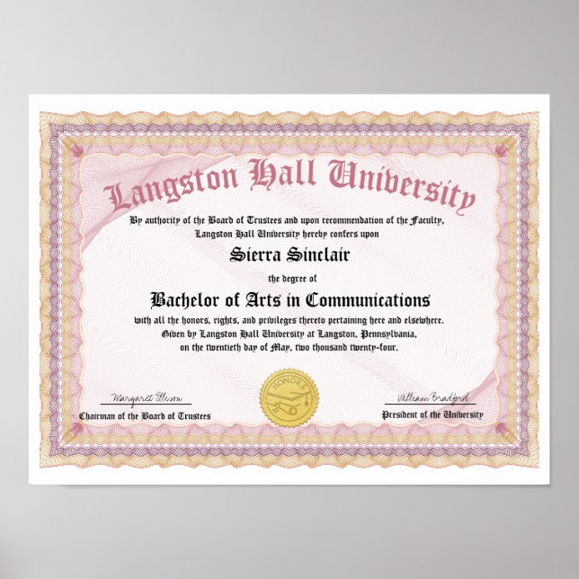 Poster Honors College or University Diploma Replica (Devant)
