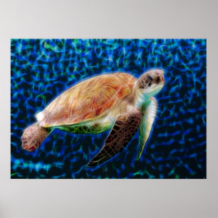 Poster Honu à la tortue verte sur l'art fractal bleu