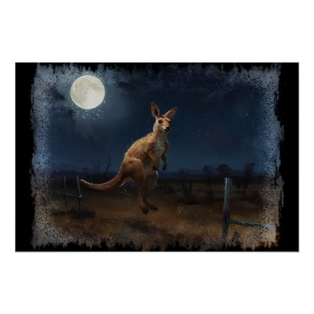 Poster Hopping Kangaroo & Pleine lune (Devant)