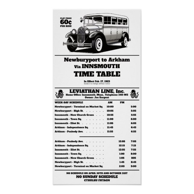 Poster Horaire de l'autobus d'Innsmouth Joe Sargent (Devant)