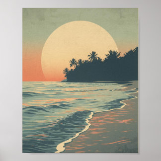 Poster Horizon Crimson : Coucher de soleil de mer serein
