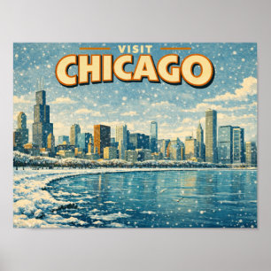 Poster Horizon de Chicago et lac Michigan en hiver 
