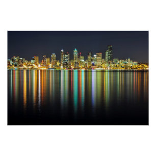 Poster Horizon de Seattle la nuit avec la réflexion