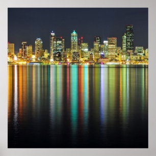 Poster Horizon de Seattle la nuit avec la réflexion