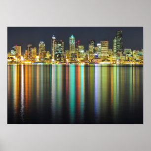 Poster Horizon de Seattle la nuit avec la réflexion