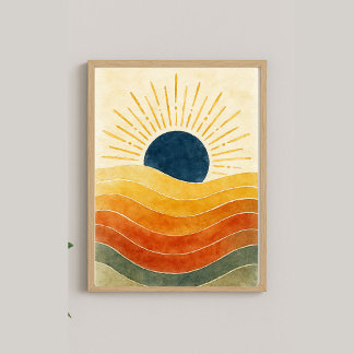 Poster Horizon d'or - Aquarelle Abstraite Soleil & Vagues