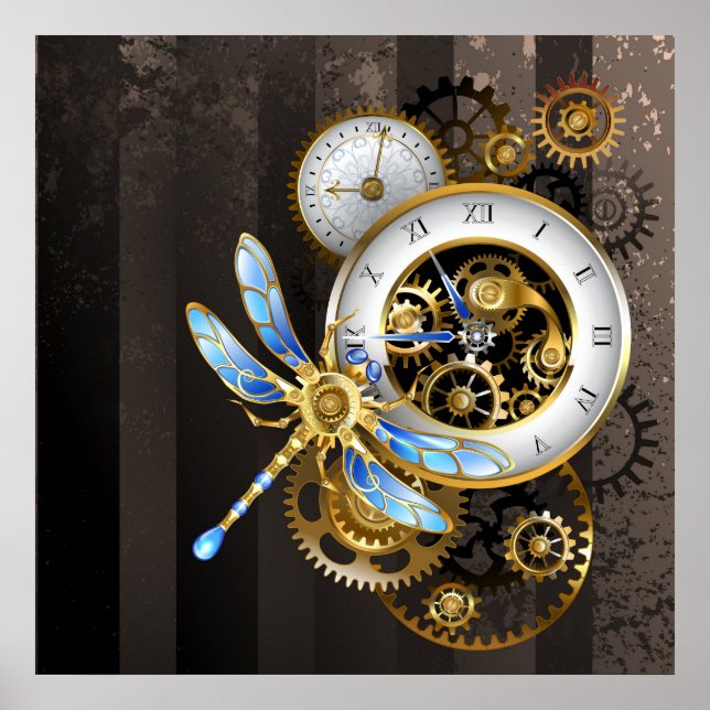 Poster Horloge à vapeur avec libellule mécanique (Devant)