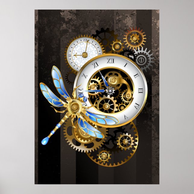 Poster Horloge à vapeur avec libellule mécanique (Devant)
