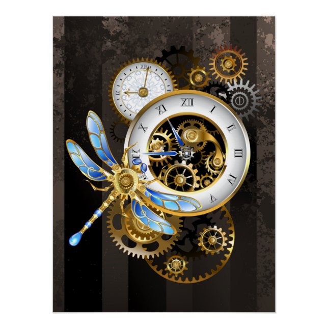 Poster Horloge à vapeur avec libellule mécanique (Devant)
