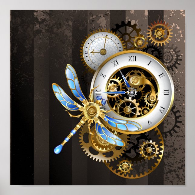 Poster Horloge à vapeur avec libellule mécanique (Devant)
