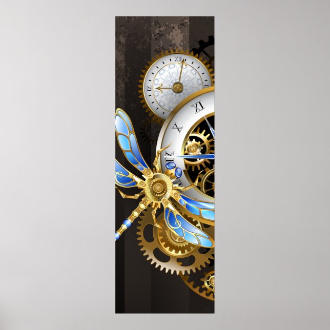 Poster Horloge à vapeur avec libellule mécanique (Devant)