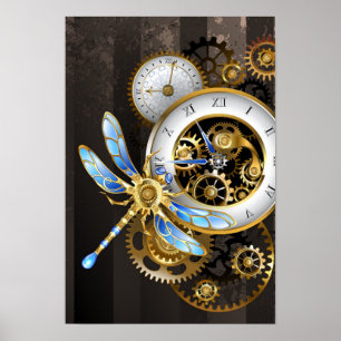 Poster Horloge à vapeur avec libellule mécanique