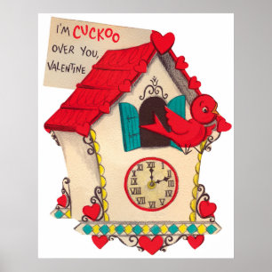 Poster Horloge de coucou mignonne rétro Valentine vintage