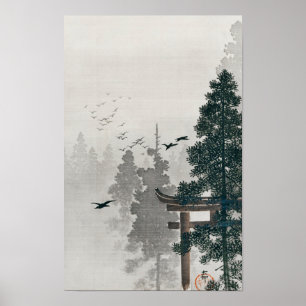 Poster Horloge des oiseaux et Porte de Torii par Ohara Ko