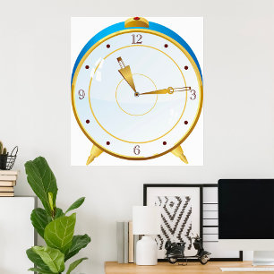 Poster Horloge rétro d'alarme or avec réglage bleu