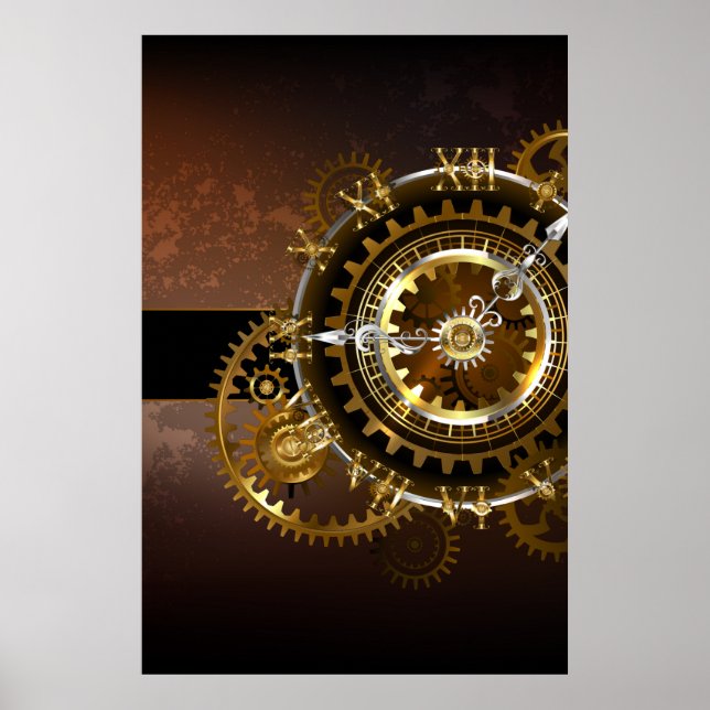 Poster Horloge Steampunk avec des engrenages anciens (Devant)