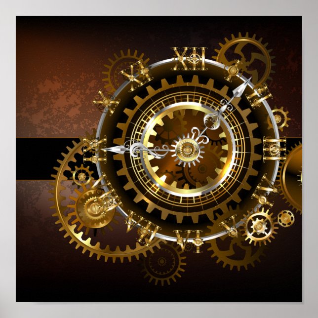 Poster Horloge Steampunk avec des engrenages anciens (Devant)