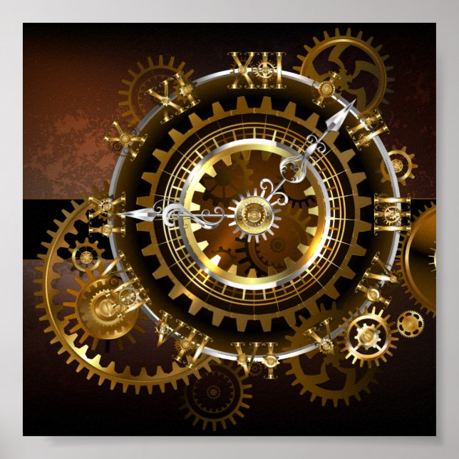 Poster Horloge Steampunk avec des engrenages anciens (Devant)