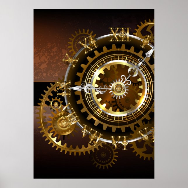 Poster Horloge Steampunk avec des engrenages anciens (Devant)