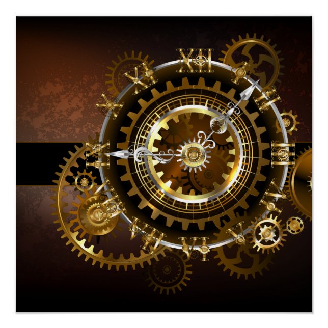 Poster Horloge Steampunk avec des engrenages anciens (Devant)