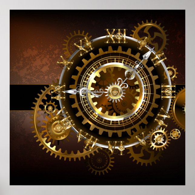 Poster Horloge Steampunk avec des engrenages anciens (Devant)