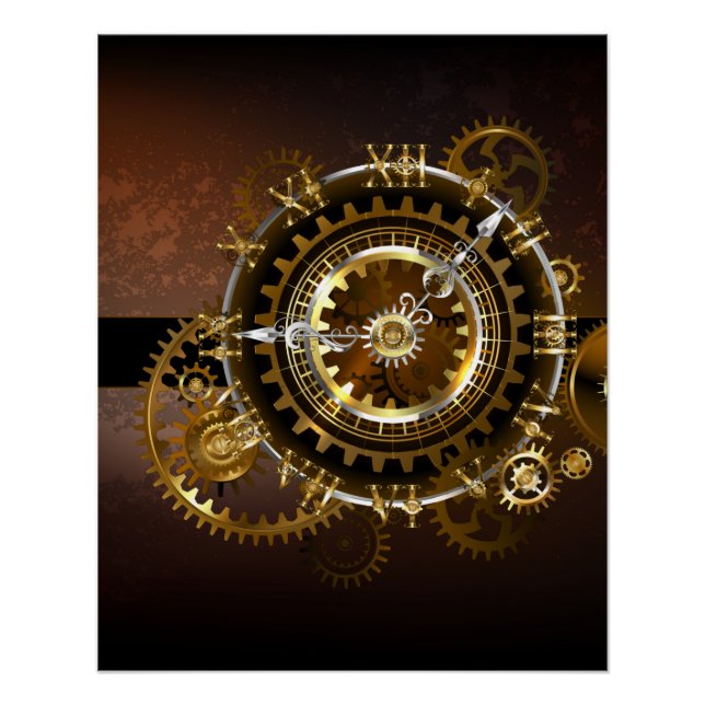 Poster Horloge Steampunk avec des engrenages anciens (Devant)