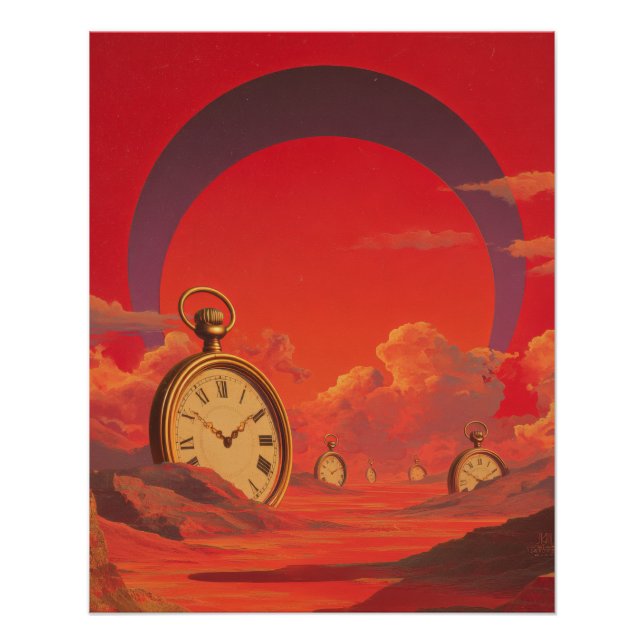 Poster Horloge surréaliste du désert rouge Toile de fond  (Devant)