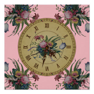 Poster Horloge Vintage avec Fleurs