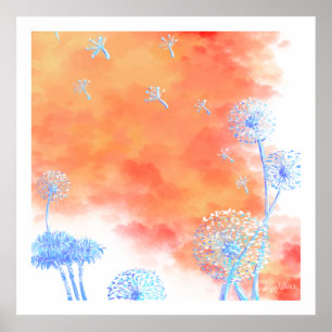 Poster Horloges Dandelion contre corail orange nuages can