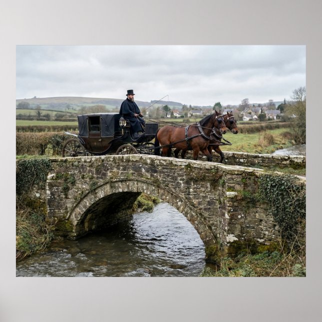 Poster Horse-Drawn Carriage on Stone Bridge (Devant)