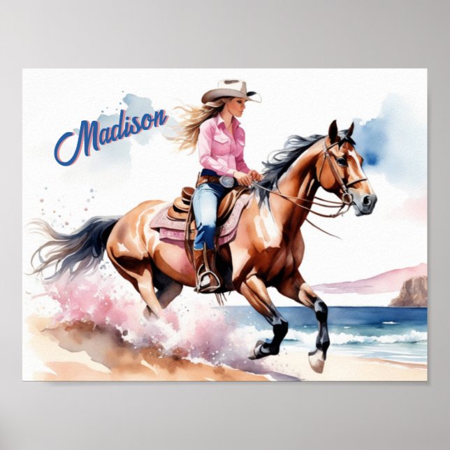 Poster Horseback Cowgirl équitation sur la plage par Ocea (Devant)