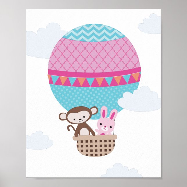 Poster Hot Air Balloon Singe et Bunny Nursery Art (Devant)