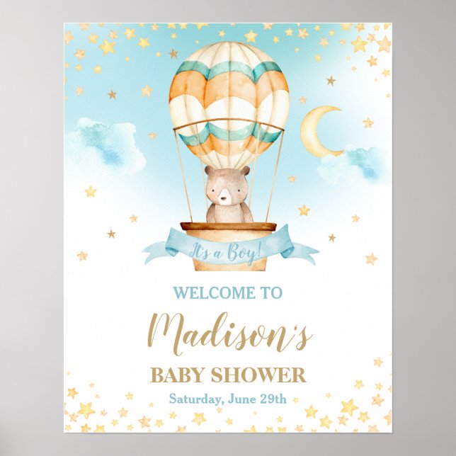 Poster Hot Air Balloon Teddy Bear Baby shower Accueil gar (Devant)