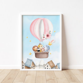 Poster Hot Rose Air Ballon Safari Animaux