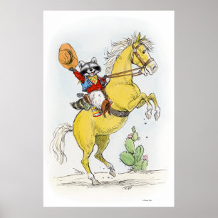 Poster Hourra ! Racoon de cowboy sur sa copie de cheval