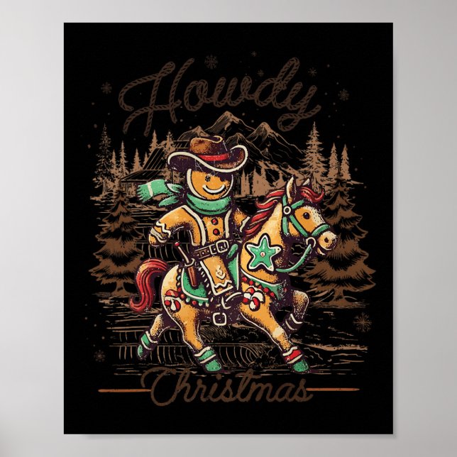 Poster Howdy Christmas Gingerbread Homme Cowboy Ride Hors (Devant)