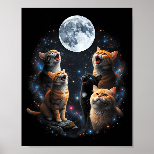 Poster Howling Cats Full Moon Starry Sky Galaxy Cosmic An (Devant)