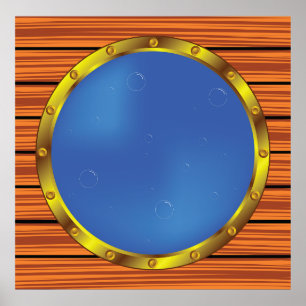 Poster Hublot de navire nautique avec de l'eau bleue