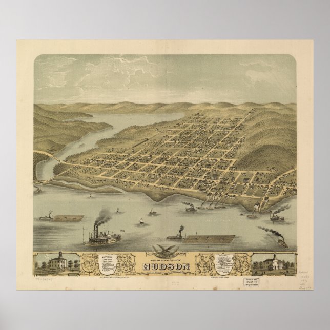 Poster Hudson WI 1870 Carte panoramique antique (Devant)