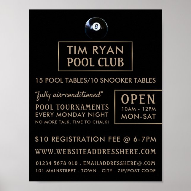 Poster Huit Bal, Pool Club, Snooker Club Publicité (Devant)