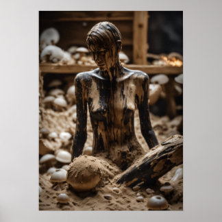 Poster Humain Abstrait dans Rotten Wood Lodge avec Champi