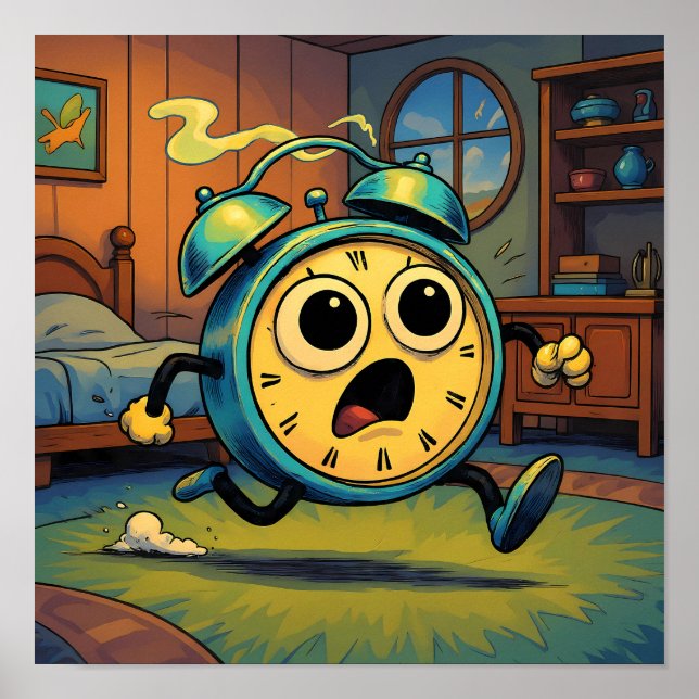 Poster Humorous Retro Art: Ablaze Running Alarm Clock (Devant)