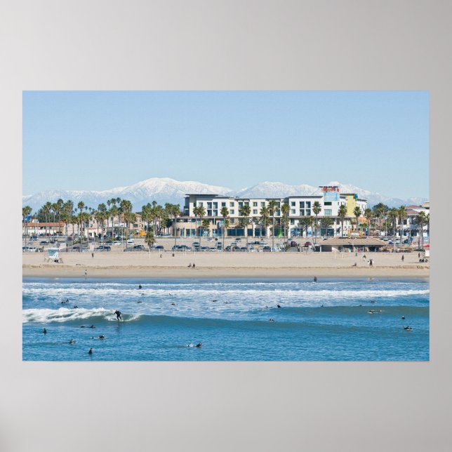Poster Huntington Beach et Snow Capped Mountains (Devant)