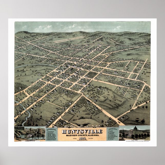 Poster Huntsville, AL Carte panoramique - 1871 (Devant)