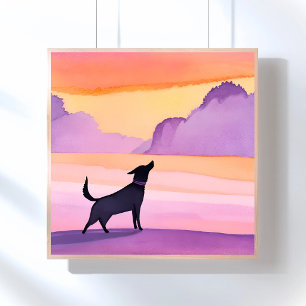 Poster Hurlement de chien Silhouette aquarelle de chien