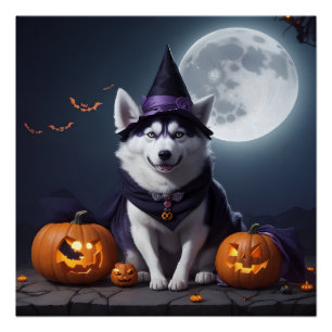 Poster Husky Chien Halloween Aventure Lune Magie Éffrayan