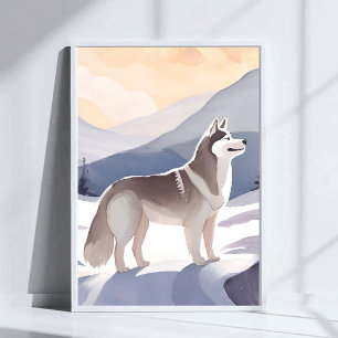 Poster Husky d'Alaska   Art aquarelle de montagne de chie