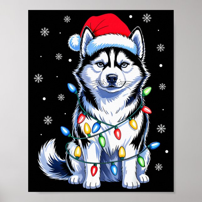 Poster Husky Dog Christmas Lights Santa Hat Family Xmas P (Devant)