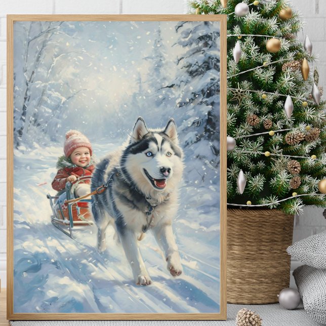 Poster Husky tire un enfant sur une traîne (Créateur téléchargé)